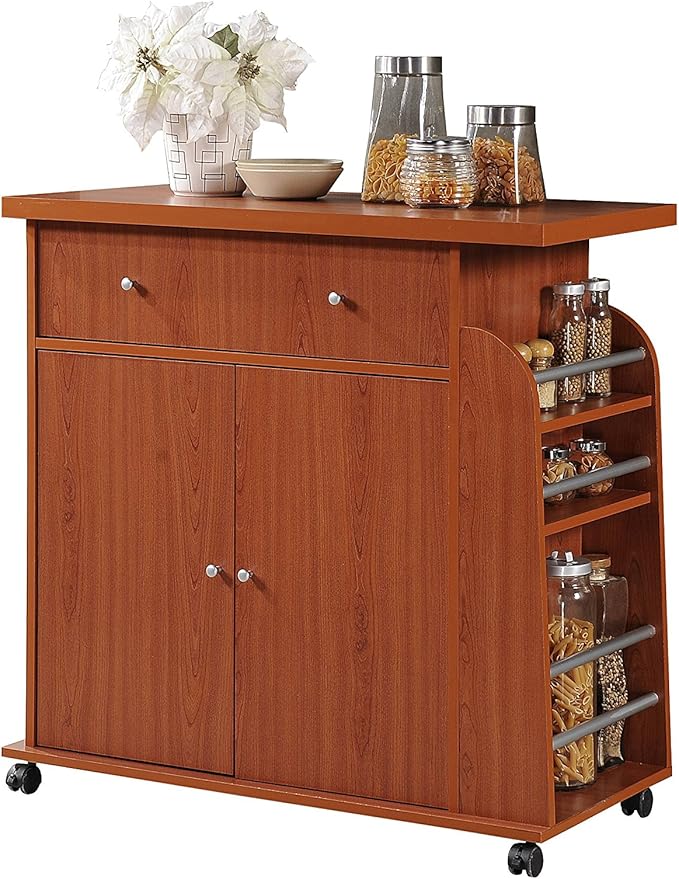 Hodedah Import Kitchen Island with Spice Rack and Towel Rack, Cherry