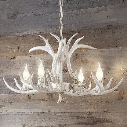 JONATHAN Y 26" White Rustic Resin Antler 4-Light LED Chandelier, Farmhouse Faux Deer Horn Hanging Ceiling Light for Dining Room, Kitchen Island, Adjustable Light Fixture (JYL6301B)