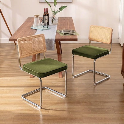 Zesthouse Natural Rattan Dining Chairs Set of 2, Olive Green Modern Kitchen Chairs with Solid Wood Back & Chrome Base, Mid Century Breuer Design Inspired, Upholstered Velvet Fabric