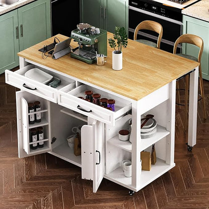 RUNNA Kitchen Island with Extendable Dining Table,Rubber Wood Veneer Kitchen Table with Internal Storage Rack,Power Outlet,with Storage 2 Drawers 2 Cabinet (White@027)