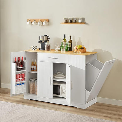 53 inch Large Kitchen Island Cart with Trash Can Storage Cabinet,Drawer and Adjustable Shelves,Breakfast Bar Cabinet for 13 Gallon Garbage Bin (White+Oak@w)