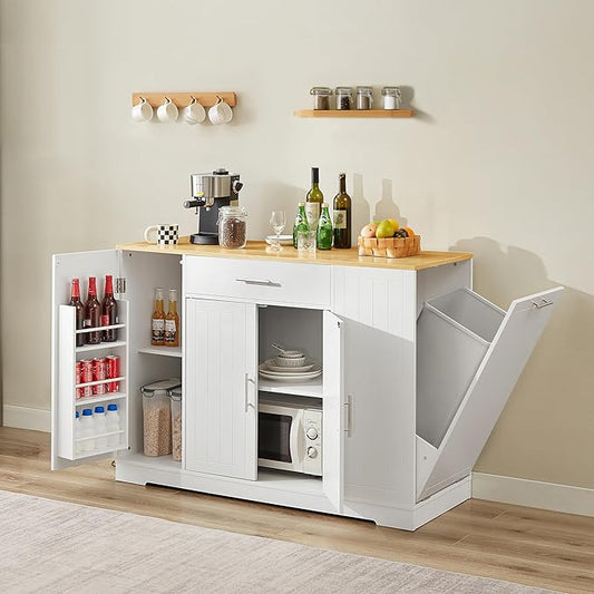 53 inch Large Kitchen Island Cart with Trash Can Storage Cabinet,Drawer and Adjustable Shelves,Breakfast Bar Cabinet for 13 Gallon Garbage Bin (White+Oak@w)