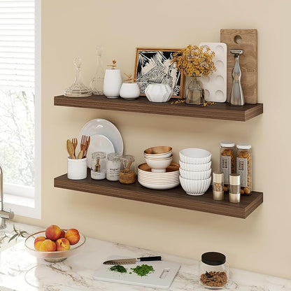 Acovy 36 Inch Floating Shelves, 9.3" Deep Floating Shelf Wall Mounted, 36" Wall Shelves, Rustic Deep Bookshelf, Large Display Shelves & Storage Shelves for Bedroom, Living Room, Walnut, Set of 2