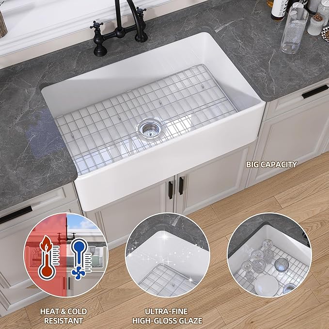 GETPRO Farmhouse Sink 33 Inch Fireclay White Kitchen Sink Apron Front Farm House Large Deep Single Bowl Undermount Modern Luxury Kitchen Basin Easy to Clean