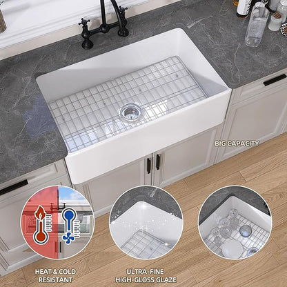 GETPRO Farmhouse Sink 33 Inch Fireclay White Kitchen Sink Apron Front Farm House Large Deep Single Bowl Undermount Modern Luxury Kitchen Basin Easy to Clean