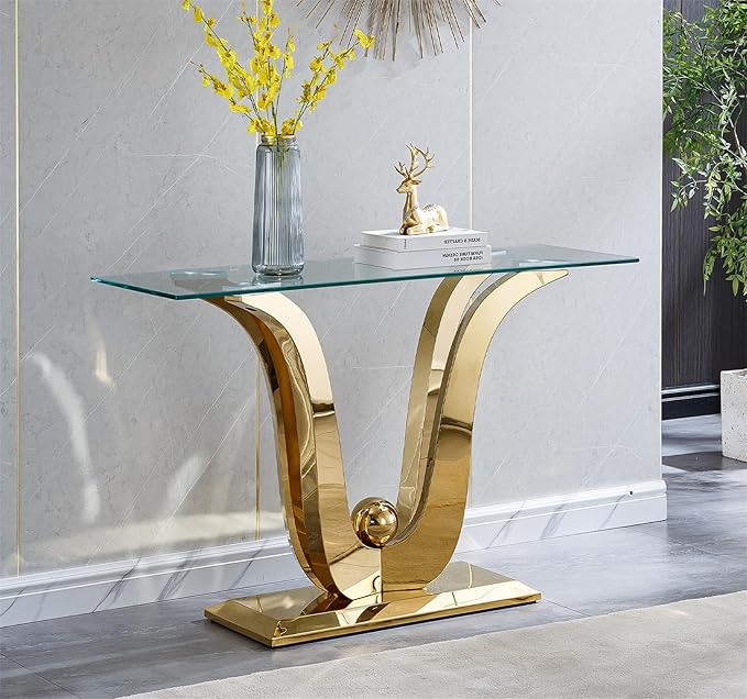 Luxury Glass Coffee Table Set of 2 Piece Gold Living Room Table Set of 2 Including Coffee and Sofa Table Set, Gorgeous Stainless Steel Frame, Clear Glass Top for Living Room Home Office Apartment