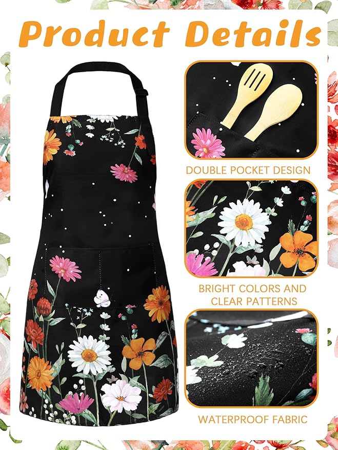 Bencailor 6 Pcs Spring Kitchen Aprons with Pockets Flower Rooster Bee Butterfly Sunflower Summer Aprons Bulk for Women(Bright Color,Flower)