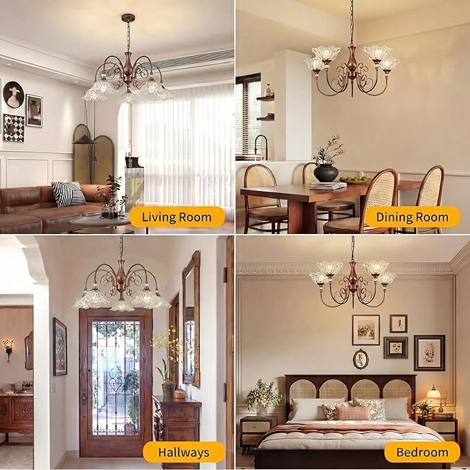 5-Light Vintage Chandeliers in Antique Red Bronze Finish with Crystal Glass Shades, Retro Chandelier Light for Dining Room, Hallway, Kitchen