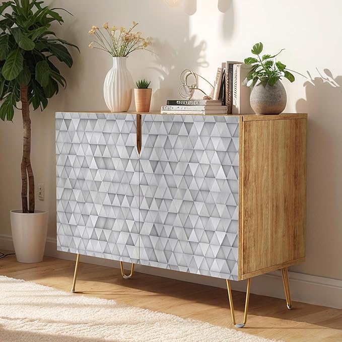 SIGNWIN Sideboard Buffet Cabinet, Kitchen Storage Cabinet with 2 Doors, Gray Geometric Triangle Patterns, Cupboard Console Table for Dining Room - 35" L x 18" W x 29" H