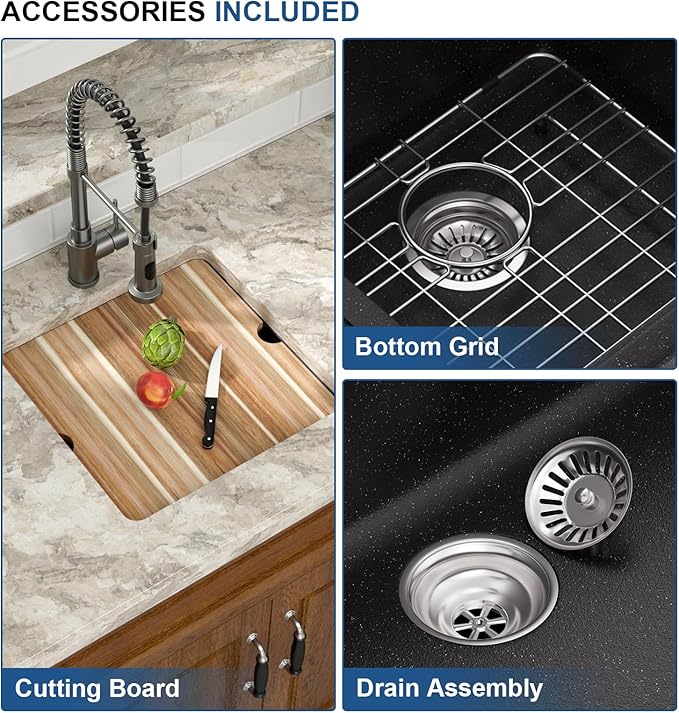 Mocoloo 18 Inch Undermount Granite Composite Bar Sink - 18 x 18 Matte Black Ledge Workstation Kitchen Sinks, Composite Quartz Single Bowl Under Counter Bar Prep Rv Sink Basin