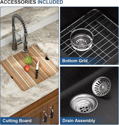 Mocoloo 18 Inch Undermount Granite Composite Bar Sink - 18 x 18 Matte Black Ledge Workstation Kitchen Sinks, Composite Quartz Single Bowl Under Counter Bar Prep Rv Sink Basin