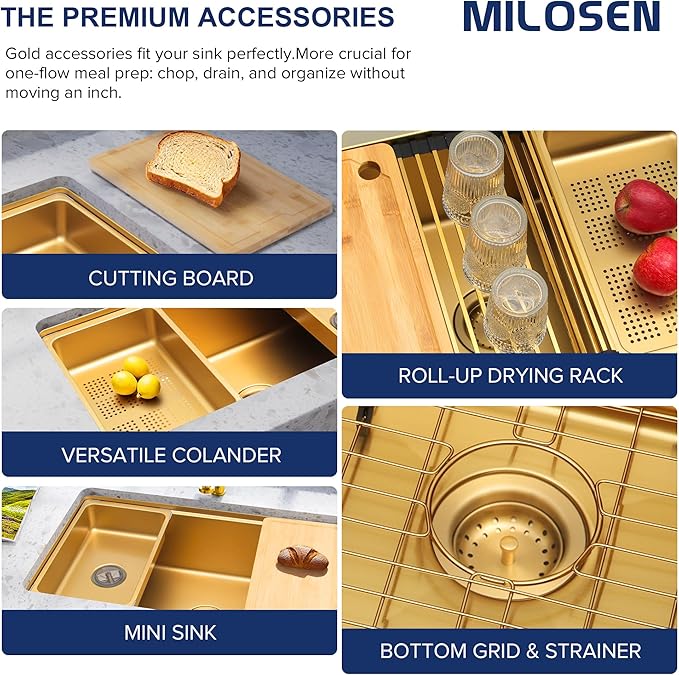 MILOSEN 30 Inch Gold Undermount Kitchen Sink, 30" x 18" Gold Stainless Steel Sinks, Single Bowl Workstation Sink with Custom Accessories, Modern Under Counter Design, 9'' Large and Deep Kitchen Sinks