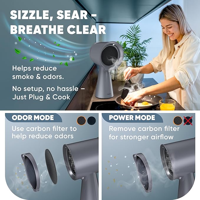 BREETEE Portable Range Hood Kitchen–5-Layer Filter Compact Desktop Exhaust Fan, Powerful 3-Speed Smoke Removal, Low Noise Countertop Range Hood, Oil Cup, for Apartments, Dorm, RV, Indoor BBQ - Grey