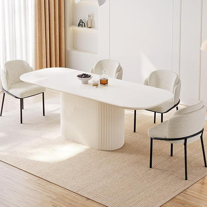 Miuuod 86.61" Dining & Kitchen Table Set,Solid Kitchen Table with 6 Chairs,Large Oval Dinner Table with Rounded Corners for Dining Room,Living Room Furniture,Cream White
