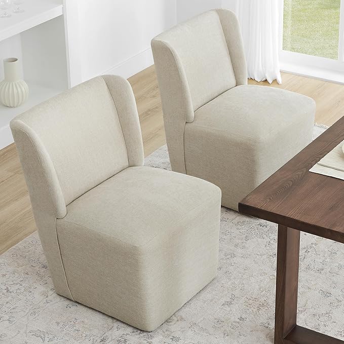 KISLOT Upholstered Dining Chairs Set of 1 with Casters, Wingback Modern Side Armless Deskchair with Rollers for Diningroom Bedroom Livingroom Reading Room, Cream Beige Fabric