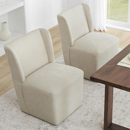 KISLOT Upholstered Dining Chairs Set of 1 with Casters, Wingback Modern Side Armless Deskchair with Rollers for Diningroom Bedroom Livingroom Reading Room, Cream Beige Fabric