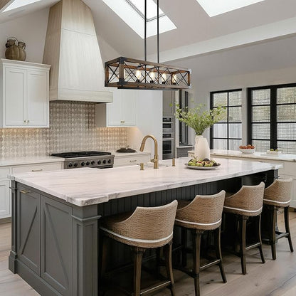LALUZ Farmhouse Wood Chandelier for Kitchen Island, 5-Light Rectangular Dining Room Light Fixtures Hanging