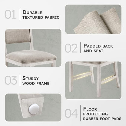 Lexicon Dining Chair Set of 2, Wooden Kitchen Chairs with Light Gray Textured Fabric Upholstered Seats and Back Rest, Accent Seating for Dining Room/Kitchen, Assembly Required, Brushed Antique White