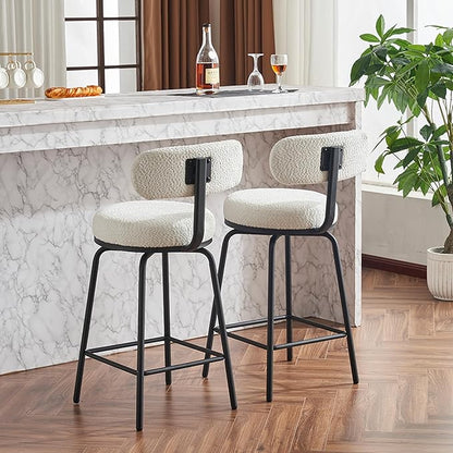 Modern Swivel Bar Stools Set of 2, Boucle Upholstered Counter Height Bar Chairs with Metal Legs Footrest, 360° Swivel for Kitchen Island, Dining Room, White