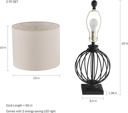 Modern Table Lamps - Set of 2 Wrought Iron Open Cage Lights with LED Bulbs - Rustic Farmhouse Style for Living Room or Bedroom by Lavish Home (Black)