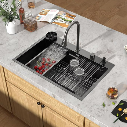 33" Drop-In Single Bowl Black Kitchen Sink with Faucet, Gunmetal Black 16 Gauge 304 Stainless Steel Workstation Sink with Cup Washer, Waterfall Outlet and Four-Hole Configuration #TLWF-0027