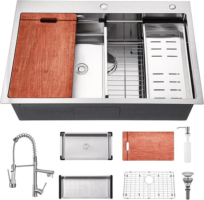Kitchen Sink 33x22 Drop In Kitchen Sinks with Faucet Combo 33 inch Large Single Bowl Stainless Sink Modern Workstation Deep Kitchen Sink