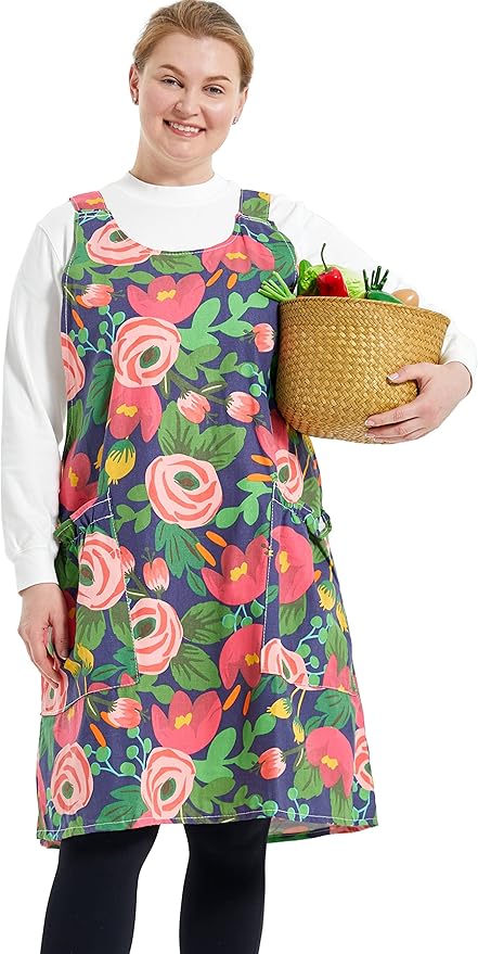 Big Plus Size Aprons for Women with Pockets Cotton Linen Baking Kitchen Cooking