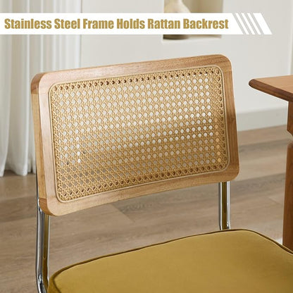 Rattan Back Velvet Dining Chair Set of 6 Modern Breuer Designed Stainless Chrome Base Armless Upholstered Dining Chair for Dining Room, Kitchen Island(Gold)