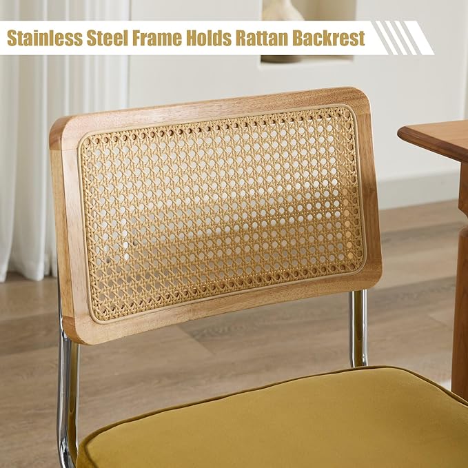 Rattan Back Velvet Dining Chair Set of 4 Modern Breuer Designed Stainless Chrome Base Armless Upholstered Dining Chair for Dining Room, Kitchen Island(Gold)