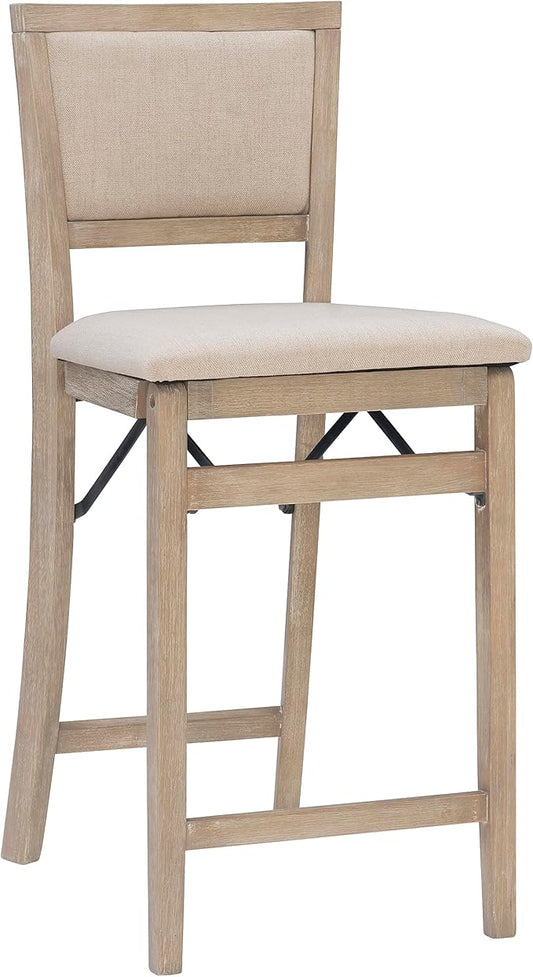 Linon Keira Natural Rustic Wooden Folding 25 Inch Seat Height Counter Stool with Beige Upholstered Seat and Back