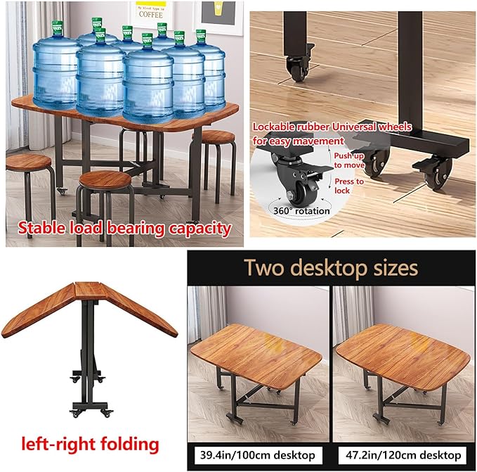 Wooden Foldable Kitchen Table with 6 Wheels，Drop Leaf Dining Table, Multifunction Expandable Folding Table, Space Saving Folding Kitchen Table, Seats 2-8 People, for Kitchen/Farmhouse/Living Room(Whit