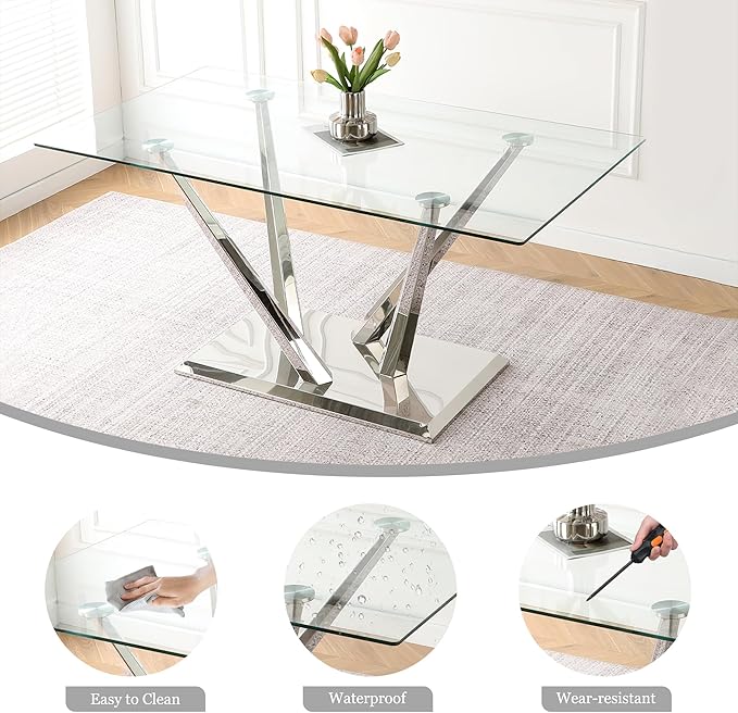 63'' Rectangular Glass Dining Table for 4-6, Luxury Kitchen Table with Tempered Glass and Aesthetic Silver Stainless Steel Base, Modern Dinner Table for Home, Apartment