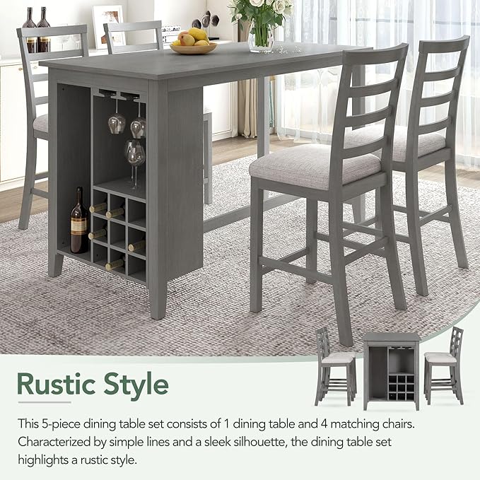Rubber Wood Kitchen Table Set for 4, Kitchen Island with Bar Wine Compartment, Wineglass Holders for Dining Room, Rustic Style Counter Height Dining Room Table Set for Dining Room, Grey
