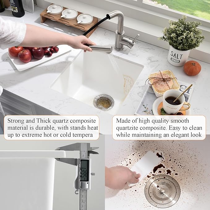 Undermount White Bar Sink, 16x16 Inch Small Granite Composite Wet Bar Sink with Faucet Combo Single Bowl Outdoor Quartz Undermount Sink for Island Station, Small Space
