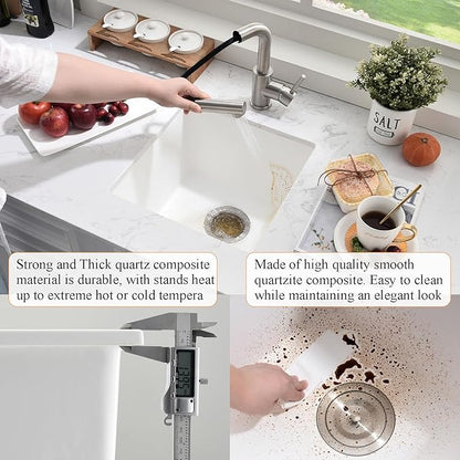 Undermount White Bar Sink, 16x16 Inch Small Granite Composite Wet Bar Sink with Faucet Combo Single Bowl Outdoor Quartz Undermount Sink for Island Station, Small Space