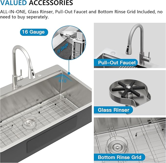 36"x22" Drop In Ledge Workstation Kitchen Sink – 16 Gauge 304 Stainless Steel Top Mount Overmount Single Bowl Sink Basin with Faucet Combo & Glass Rinser