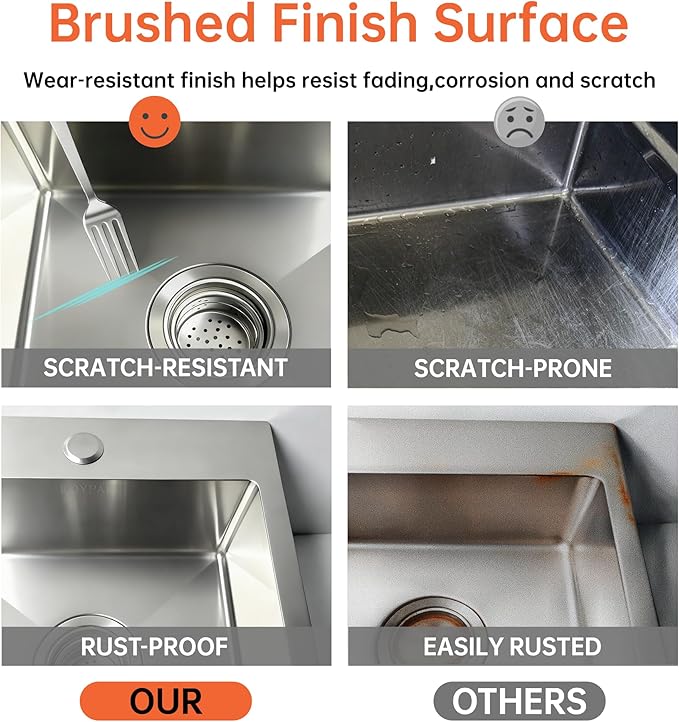 15x15 Inch Single Bowl Kitchen Sink,304 Stainless Steel Top Mount Kitchen Sinks Bar Sink,Handmade 16 Guage Small Kitchen Sink Brushed Nickel Deep Kitchen Sinks RV Sink