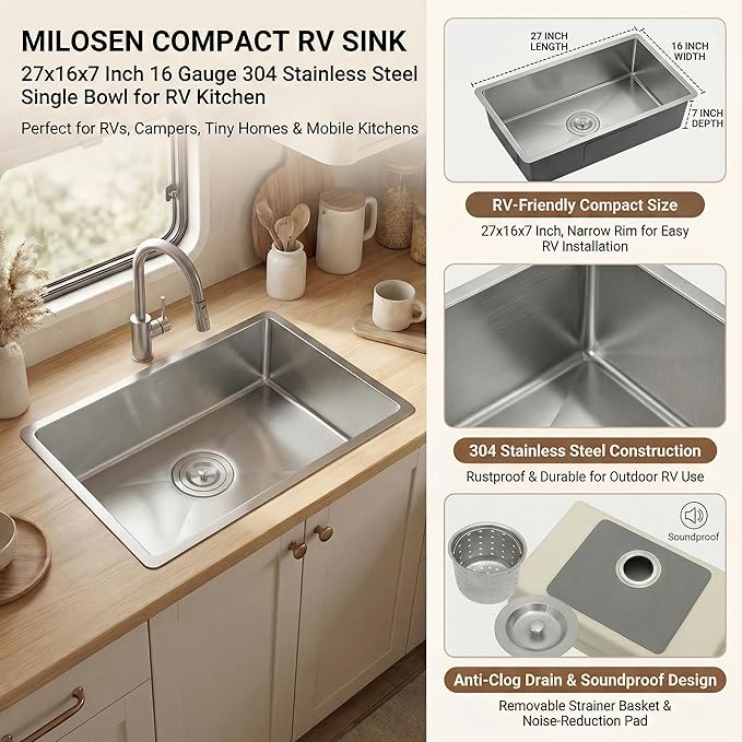 MILOSEN RV Kitchen Sink, 27''×16''×7'' 16 Gauge T304 Stainless Steel Drop-in/Undermount RV Sink, 27 inch Single Bowl Sinks for Caravans/Campervans & Site Cabins, 7 inch Depth Outdoor Trailer Sinks