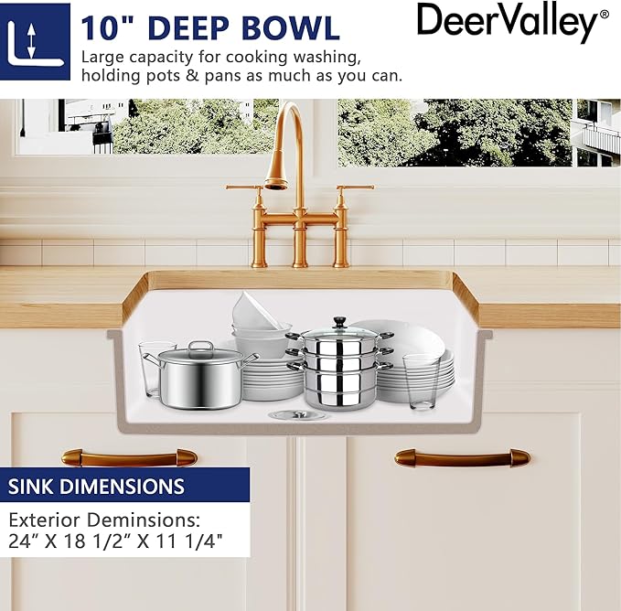 DeerValley Farmhouse Kitchen Sink 24 inch, White Fireclay Undermount Farm Sinks, Single Bowl Deep Drop-in Undermount Sink with Grid & Basket Strainer, Easy to Clean