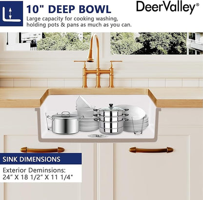 DeerValley Farmhouse Kitchen Sink 24 inch, White Fireclay Undermount Farm Sinks, Single Bowl Deep Drop-in Undermount Sink with Grid & Basket Strainer, Easy to Clean