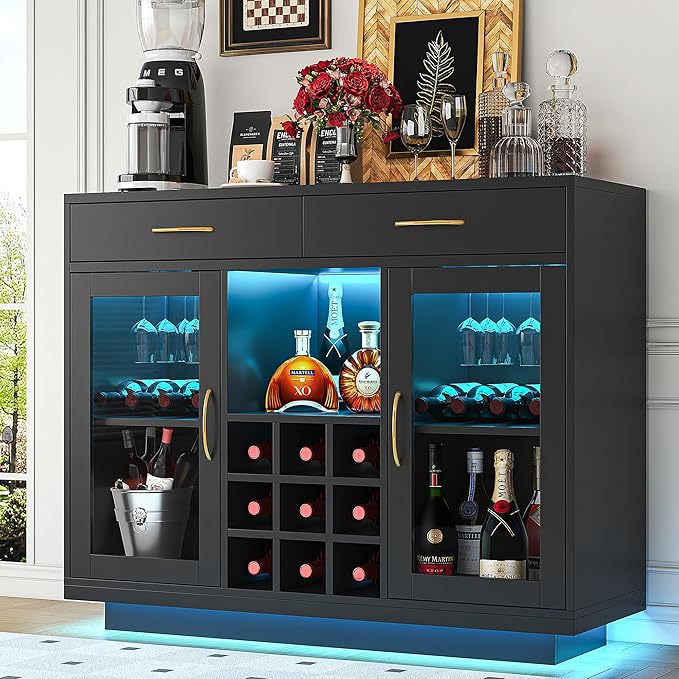 knoworld Wine Bar Cabinet with LED Lights, Coffee Bar Cabinet with Wine and Glass Rack, Black Bar Cabinet Liquor Cabinet, Kitchen Buffet Sideboard with Storage for Living Room, Dining Room