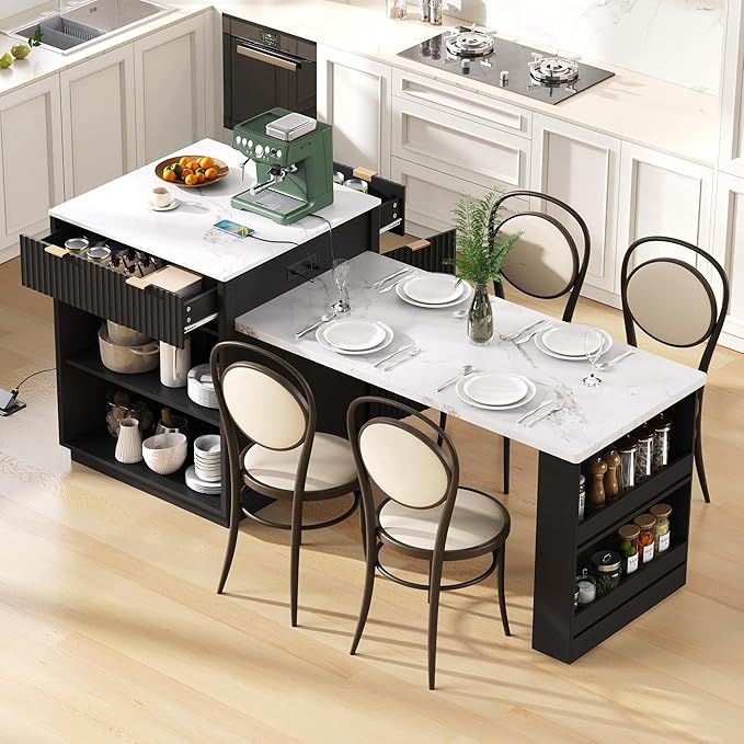 Modern Dining Table Expandable 82.6in Fluted Kitchen Island with, Power Outlet, Wood Console Table with Drawers for Living Room Dining Room Kitchen,Black-MDF