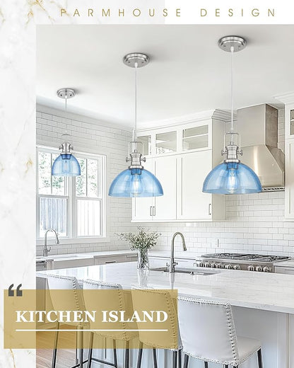 Pendant Lights Kitchen Island, 10.5" Farmhouse Pendant Lighting with Blue Seeded Glass Shade, Vintage Hanging Light Fixtures for Dining Room, Brushed Nickel, AD-22151-1PL-SN-BL
