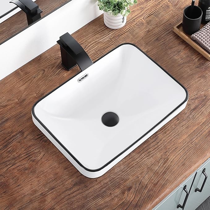 Bathroom Vessel Sink 20.6'' x 14.7'' Semi Recessed Bathroom Sink Rectangular Drop In Sink with Overflow White with Black Trim Ceramic Modern Vessel Sinks for Bathroom