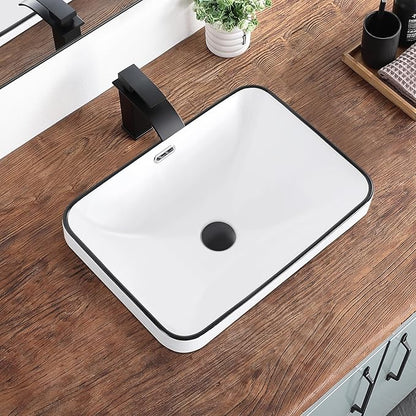 Bathroom Vessel Sink 20.6'' x 14.7'' Semi Recessed Bathroom Sink Rectangular Drop In Sink with Overflow White with Black Trim Ceramic Modern Vessel Sinks for Bathroom