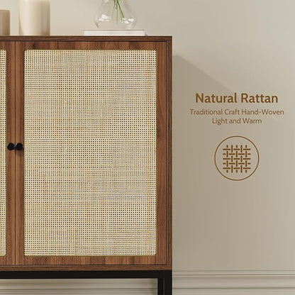 Yechen Set of 2 63" Walnut Sideboard Cabinet with Natural Rattan Doors, Buffet Console & Accent Cabinet, Rattan Credenza Storage with Metal Legs for Living Room, Kitchen, Dining Room
