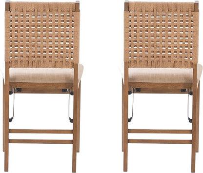 Linon Bennett Natural Folding Chair with Woven Rope Back and Linen Upholstered Seat Set of 2