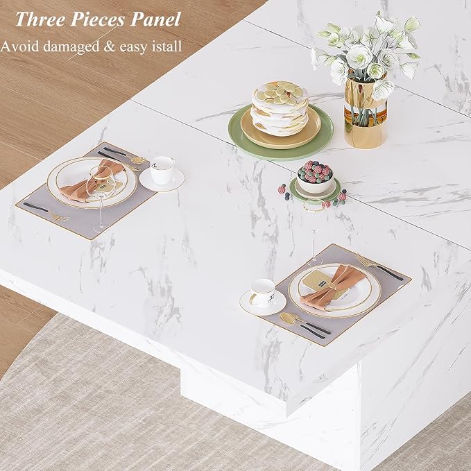 HSH 55 inch Dining Table for 4, Modern White Faux Marble Dining Room Table, Rectanglur Kitchen Table with Heavy Duty Pedestal, Wooden Eating Dinner Desk for Home,Living Room, White Marble, 55 Inch