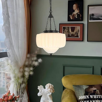 FCTWAKS Milk Glass Pendant Light, 12" Mid Century Modern Schoolhouse Ceiling Light Fixtures, Black Finish with Frosted Glass, Vintage Chandelier for Kitchen Island Dining Room, Bulb Included