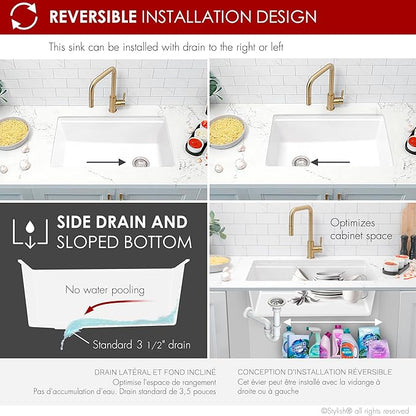 Stylish 28 x 18 Inch Composite Granite Workstation Kitchen Sink, Single Bowl Under Mount & Drop in, 9.5 in Deep, with Bamboo Cutting Board, Roll-Up Drying Rack, Colander & Strainer, White, S-828WH